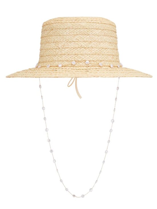 NEW Nikki Beach Blair Hat Natural Cream Straw Wide Brim Sun Fedora Pearl Chain